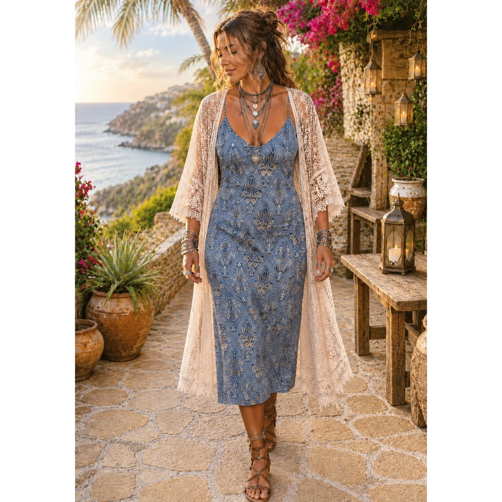 ONeill Womens S Blue Paisley V-Neck Spaghetti Strap Midi Dress Boho Beach Travel